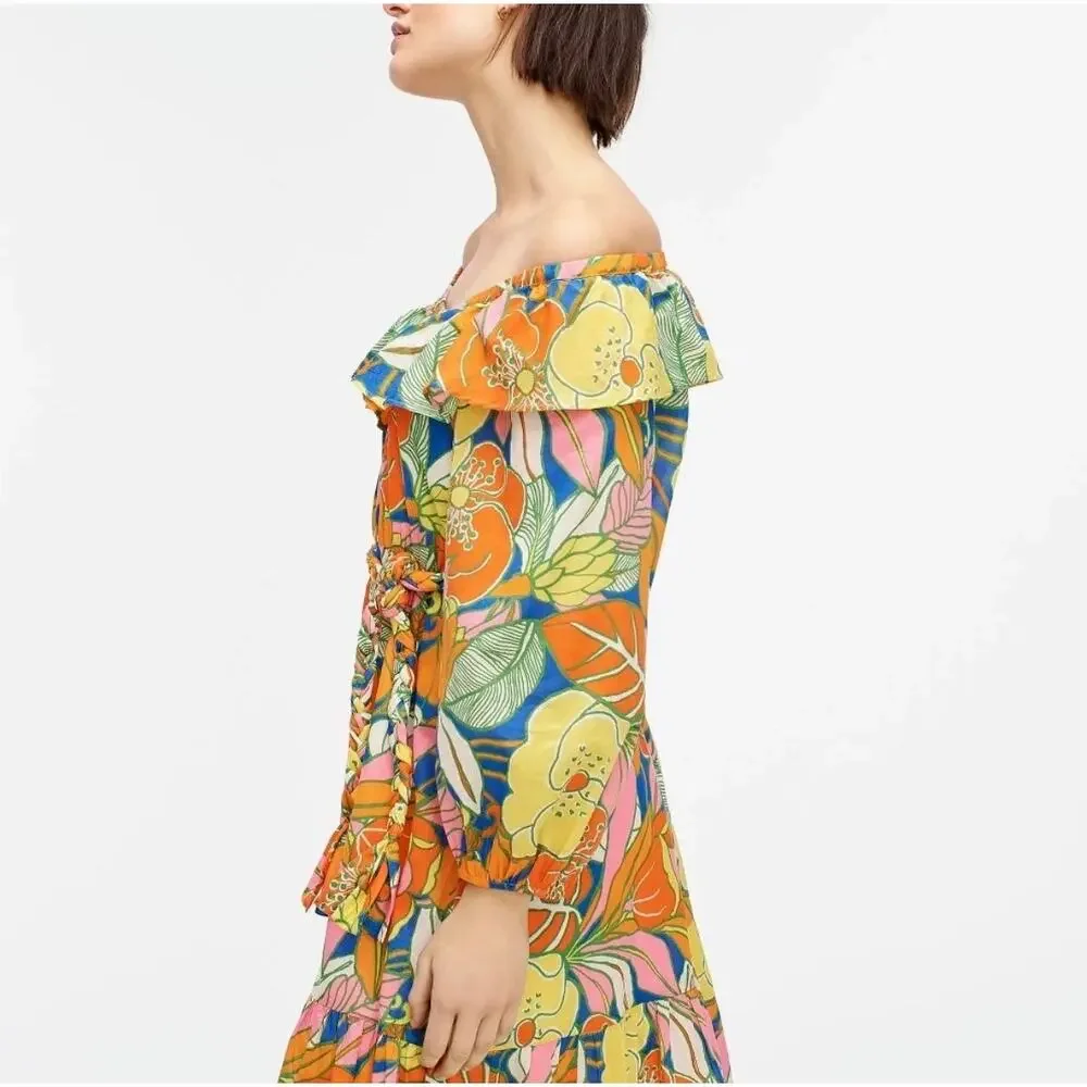 J. Crew Tropical Floral Midi Dress Small Ruffle Off Shoulder Summer Vacation